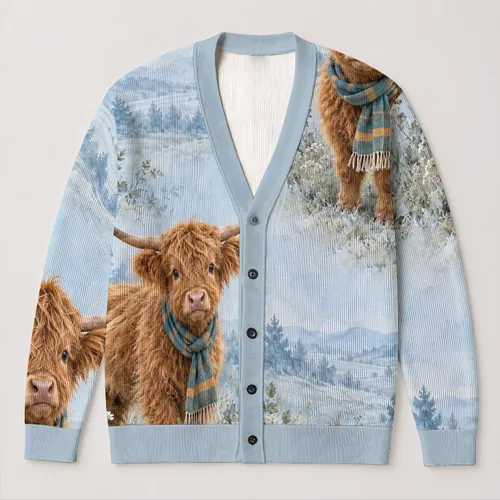 Highland Calf Companions for Cozy Countryside Days and Farmhouse Style Lovers All-over Print Knitted Cardigan
