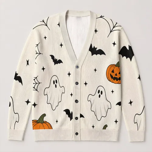 Halloween Ghosts, Bats & Jack-O'-Lanterns for Spooky October Outings for Women All-over Print Knitted Cardigan