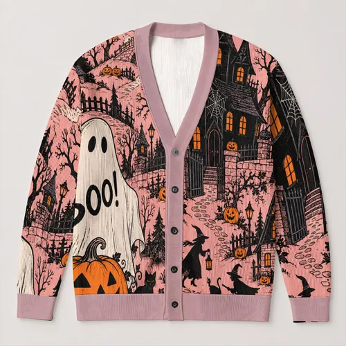 Halloween Ghosts, Pumpkins and Haunted House for Cozy October Nights and Parties All-over Print Knitted Cardigan