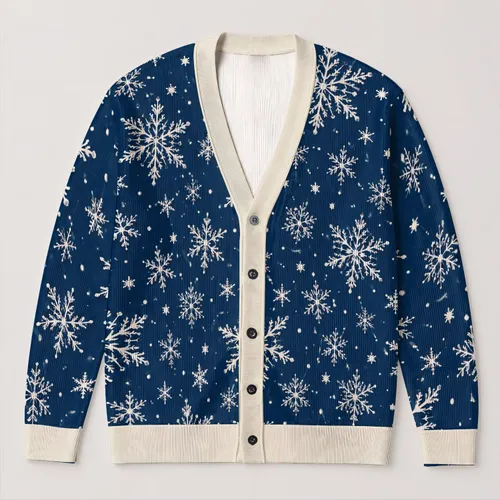 Ivory Snowflakes on Midnight Blue for Cozy Winter Days and Alpine Getaways and Travel All-over Print Knitted Cardigan