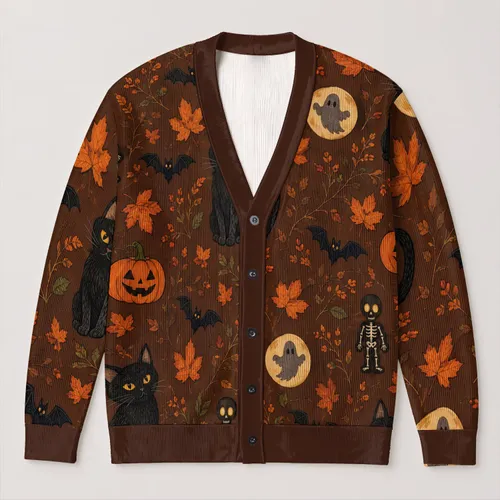 Halloween Black Cats, Jack-O'-Lanterns, Bats and Maple Leaves for Cozy Autumn Nights All-over Print Knitted Cardigan