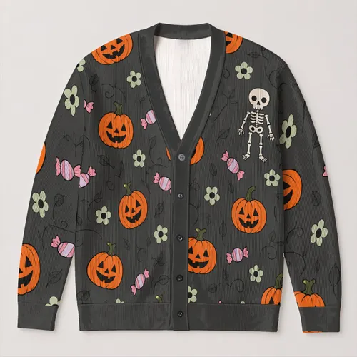 Halloween Pumpkins Skeleton Candy And Mint Flowers For Cozy Autumn Everyday Celebrations All-over Print Knitted Cardigan