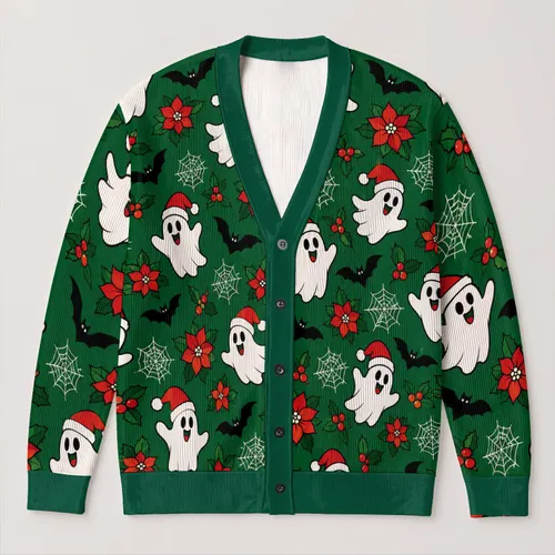 Santa Hat Ghosts, Black Bats And Poinsettias For Festive Winter Holiday Outings All-over Print Knitted Cardigan