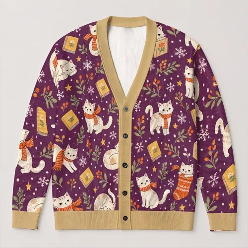 Whimsical Scarf-Wearing Cats, Books And Snowflakes For Cozy Holiday Days All-over Print Knitted Cardigan
