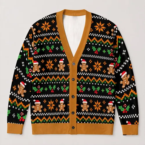 Santa Hat Gingerbread and Snowflakes for Festive Holiday Layering for Teens All-over Print Knitted Cardigan