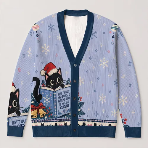 Black Cat Reading Book Hearts and Paw Prints for Cozy Winter Holiday Readers All-over Print Knitted Cardigan