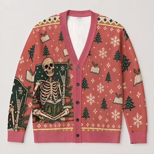 Skeleton Book Lover Holiday Scene for Cozy Reading Days and Winter Cheer All-over Print Knitted Cardigan