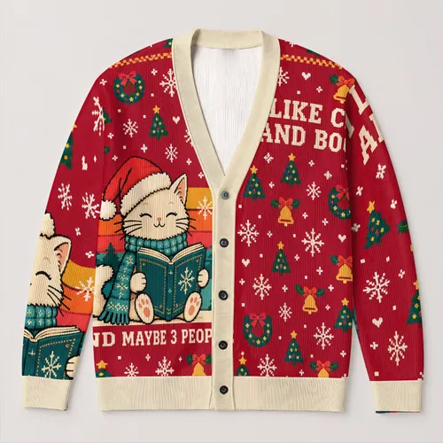 Reading Cat And Funny Book Quote With Nordic Holiday Motifs For Cozy Winter Days All-over Print Knitted Cardigan