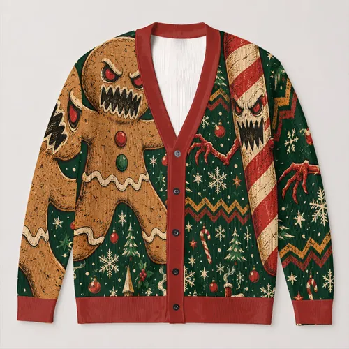 Evil Gingerbread Man And Candy Cane Holiday Horror For Spooky Christmas Fans All-over Print Knitted Cardigan
