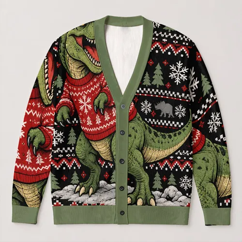 Funny Green T Rex in Cozy Holiday Scene for Teen Dinosaur Fans and Winter Parties All-over Print Knitted Cardigan