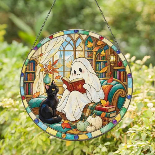 Ghost Reading Halloween Gift for Book Lovers, Cozy Reading Nook Decor and Cat Fans Stained Glass Suncatcher