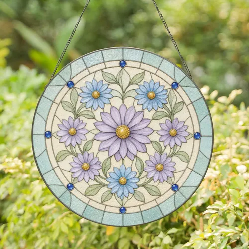 September Aster Birth Flower with Sapphire Accents for Birthday Celebration Stained Glass Suncatcher