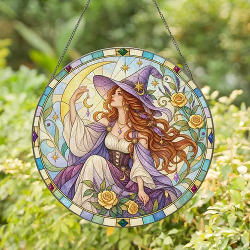 Moonlit Witch Halloween Decor For Enchanted Fall Rooms And Witchy Cozy Home Style Stained Glass Suncatcher