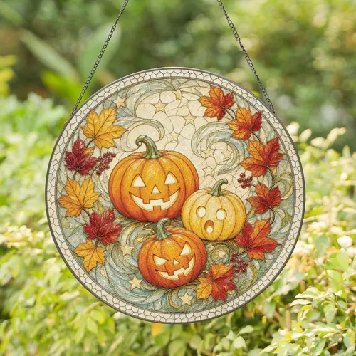 Vibrant Jack O Lantern Trio Surrounded By Colorful Autumn Leaves For Halloween Stained Glass Suncatcher