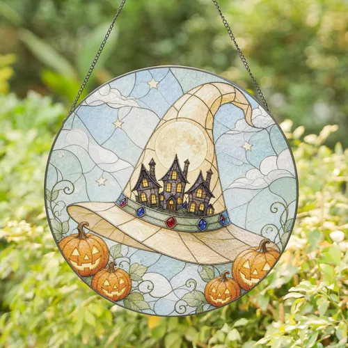 Spooky Witch Hat with Haunted Village Moon and Pumpkins for Halloween Stained Glass Suncatcher