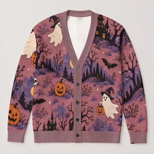 Halloween Ghosts, Bats, Pumpkins and Haunted Houses for Spooky October Evenings All-over Print Knitted Cardigan