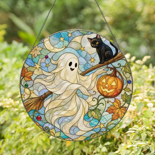 Ghost Cat Pumpkin Lantern Halloween Porch Charm for Spooky Autumn Home Decor Lovers Stained Glass Suncatcher
