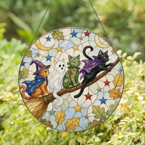 Four Playful Halloween Cats On Flying Broomstick For Festive Fall Window Display Stained Glass Suncatcher
