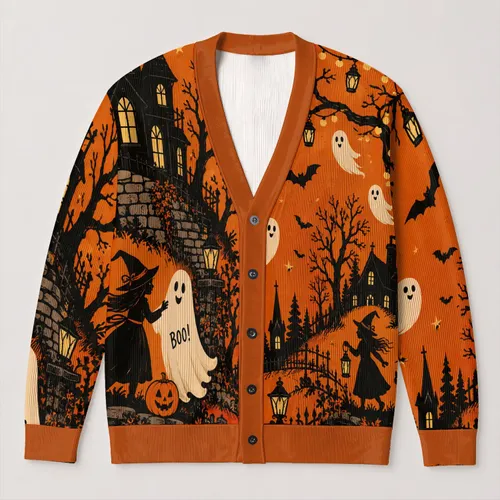 Halloween Ghosts, Bats and Pumpkins for Festive Autumn Layering All-over Print Knitted Cardigan