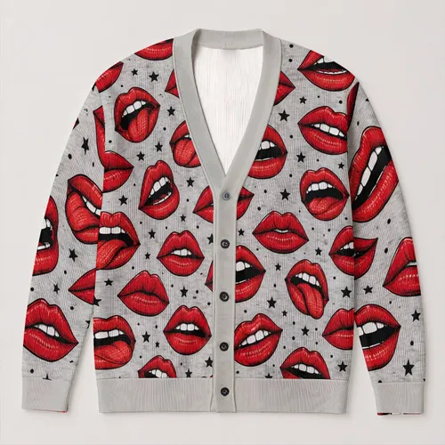 Red Lips And Open Mouths For Bold Everyday Style And Playful Autumn Layering All-over Print Knitted Cardigan