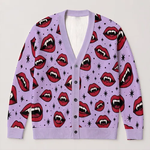 Fanged Red Lips and Star Speckles for Bold Everyday Layering and Autumn Street Style All-over Print Knitted Cardigan