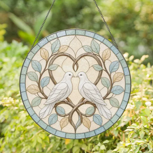 Intertwined Tree Heart with Love Birds Symbol for Romantic Couple Anniversary Stained Glass Suncatcher