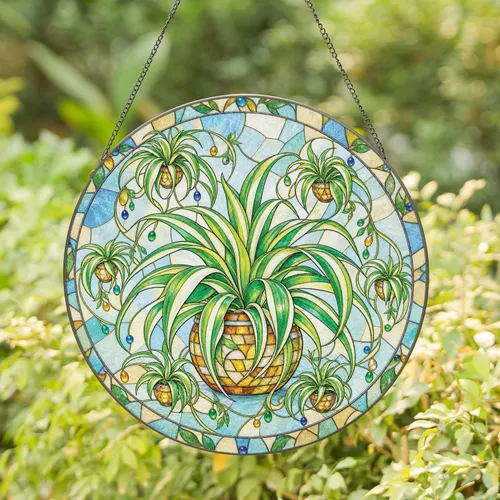 Spider Plant Greenery Gift for Plant Lovers, Sunlit Botanical Accent for Bright Homes Stained Glass Suncatcher