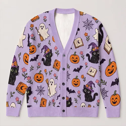 Playful Halloween Cats, Ghosts and Pumpkins for Cozy Autumn Celebrations All-over Print Knitted Cardigan