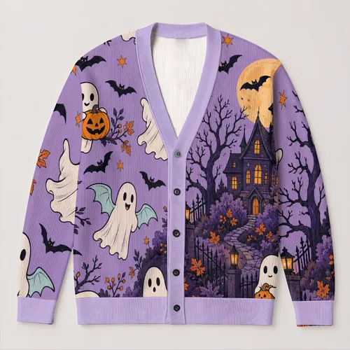 Ghosts And Jack-O’-Lanterns For Playful Halloween Layering And Autumn Outings All-over Print Knitted Cardigan