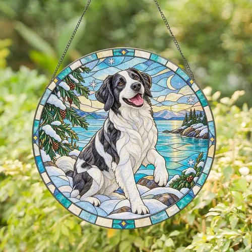 Spotted Dog Memorial Keepsake for Pet Lovers, Winter Lake Companion Portrait Gift Stained Glass Suncatcher