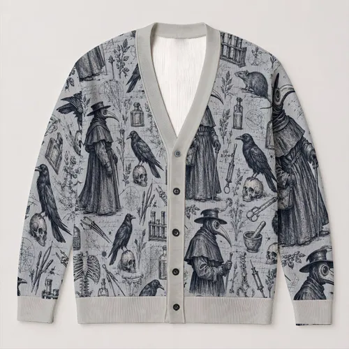 Plague Doctor Raven Medical Sketches for Halloween and Eerie Autumn Layers All-over Print Knitted Cardigan