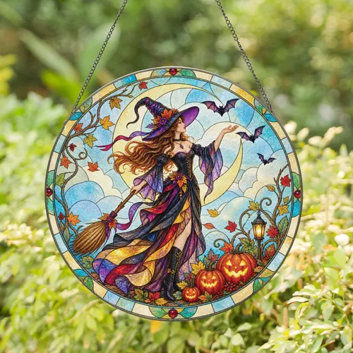 Witchy Halloween Moon Scene for Spooky Autumn Home Decor and Gothic Gift Giving Ideas Stained Glass Suncatcher