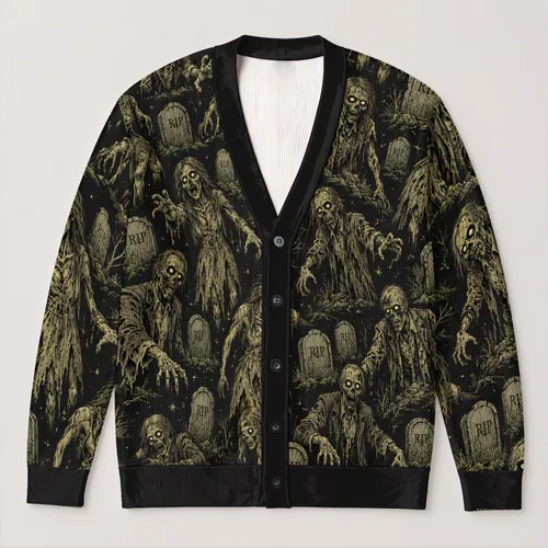 Zombie Graveyard Scenes for Halloween Nights and Spooky Autumn Outings for Teens All-over Print Knitted Cardigan