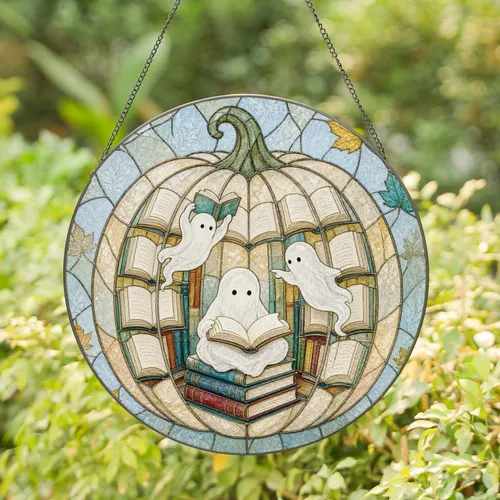 Whimsical Ghost Readers in Book Pumpkin for Cozy Reading Nook Halloween Decor Stained Glass Suncatcher