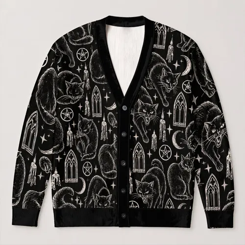 Gothic Black Cat Moon And Pentagram Style For Halloween Night Wear All-over Print Knitted Cardigan
