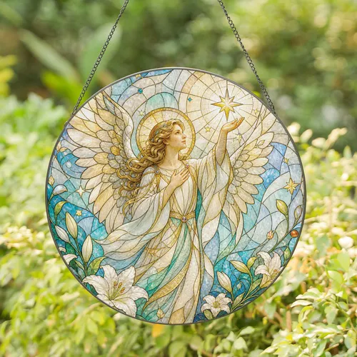 Guardian Angel With Lilies for Memorial Sympathy, Loved One Remembrance Home Decor Gift Stained Glass Suncatcher