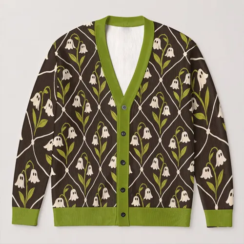Ghost Bell Flowers for Halloween Layering and Cozy Autumn Outings for Teenagers All-over Print Knitted Cardigan