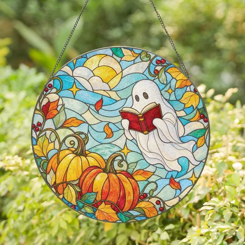 Ghost Reading On Pumpkins For Halloween Autumn Decor And Cozy Book Lover Home Gifts Stained Glass Suncatcher