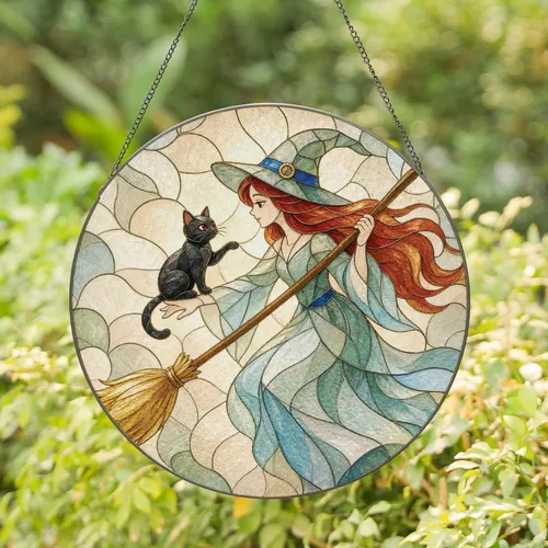 Enchanting Witch With Black Cat Halloween Decor for Spooky Seasonal Window Accents Stained Glass Suncatcher