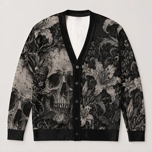 Gothic Skull And Dark Lily Aesthetic For Alternative Halloween Layering For Teens All-over Print Knitted Cardigan