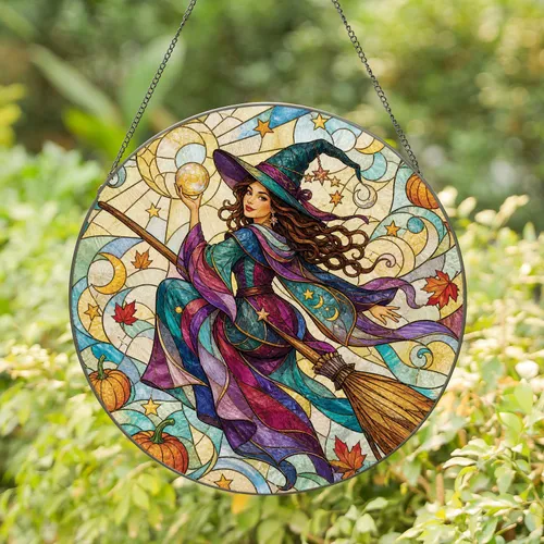 Moonlit Witch on Broom for Halloween Decor, Enchanted Gift for Witchy Home Lovers Stained Glass Suncatcher