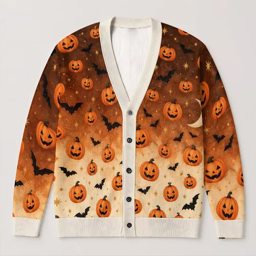 Halloween Pumpkins And Bats For Cozy Autumn Evening Outfits For Women All-over Print Knitted Cardigan