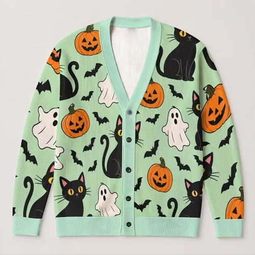 Halloween Black Cats, Bats, Ghosts And Pumpkins For Cozy October Nights Out All-over Print Knitted Cardigan