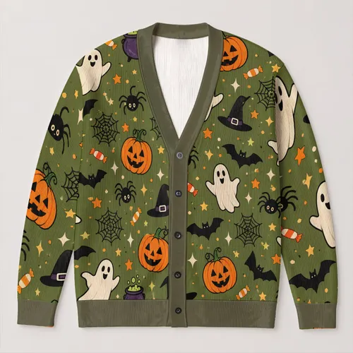 Ghosts, Pumpkins, Bats And Black Cats For Halloween Season Layering All-over Print Knitted Cardigan