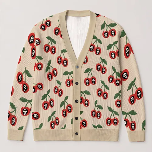 Spooky Cherry Motifs for Cozy Autumn Outings and Everyday Layering for Women All-over Print Knitted Cardigan