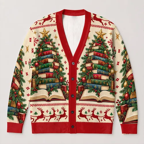Colorful Book Stack Christmas Trees for Cozy Holiday Reading and Winter Celebrations All-over Print Knitted Cardigan
