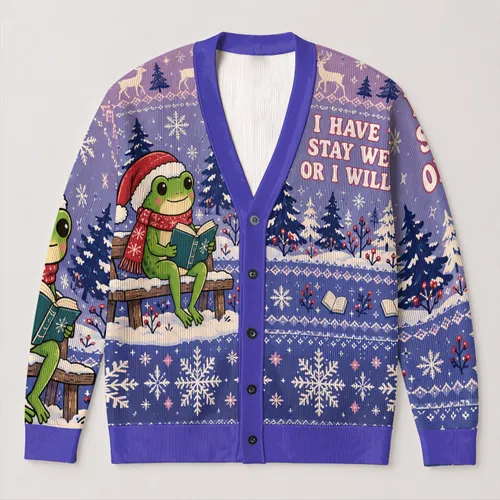 Reading Frog and Snowflake Motifs for Cozy Winter Days and Bookish Teen Style All-over Print Knitted Cardigan