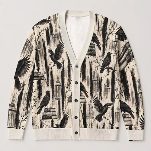Black Crows Perched on Books for Moody Autumn Reading and Everyday Layering Style All-over Print Knitted Cardigan
