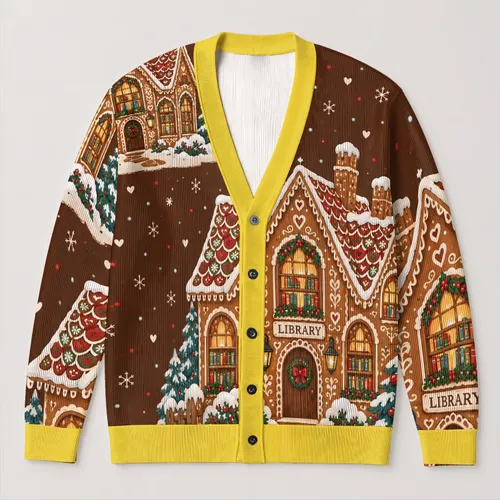 Gingerbread Library House Scene for Cozy Holiday Reading and Winter Storybook Lovers All-over Print Knitted Cardigan