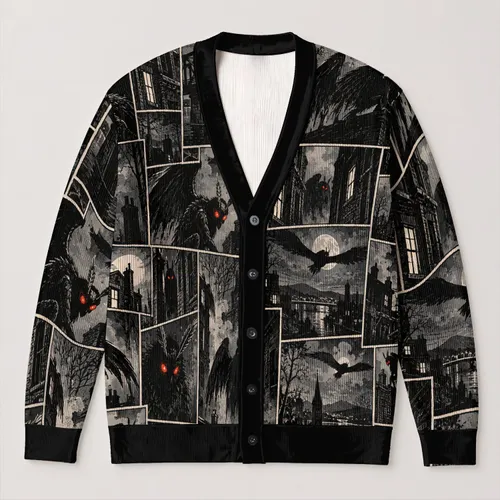 Mothman Comic Collage for Halloween Nights and Everyday Gothic Style for Teenagers All-over Print Knitted Cardigan